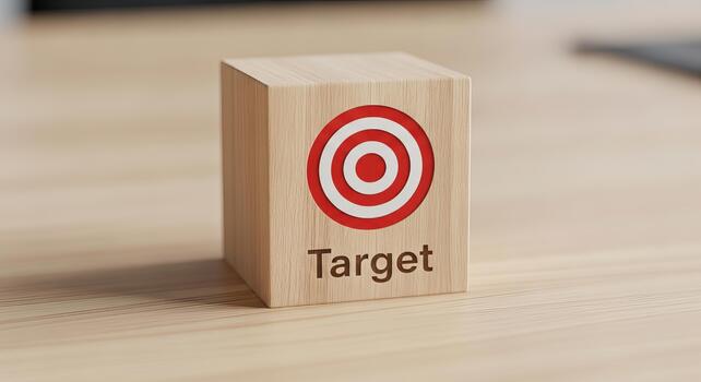 Wooden block with target printed on it on a light surface on transparent background photo