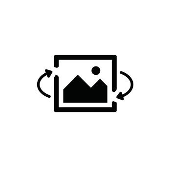 Black silhouette of a tilted square with curved rotation arrows symbolizing image transformation vector