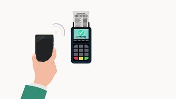 modern Animation von ein Hand halten ein Smartphone mit ein W-lan Signal Symbol, tippen in der Nähe von ein edc Terminal zu machen ein nfc Zahlung. video