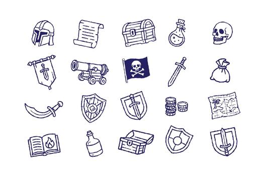 Fantasy game hand drawn line art icon set, medieval UI game badge, wooden warrior shield. Magic RPG objects kit, knight weapon, iron helmet, old papyrus, standard illustration vector