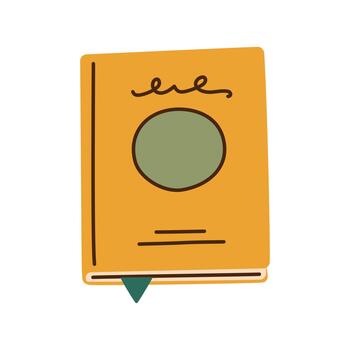 Flat cartoon illustration of doodle printed book with bookmark, simple literary theme, cozy reading mood, minimal design element for education, library graphics and creative projects vector