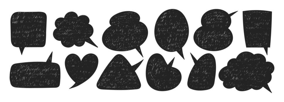 conjunto de texto cajas con orgánico textura de lápiz de color, tiza o pastel . cuadrado, corazón, nube. negro ilustración en un blanco antecedentes. vector