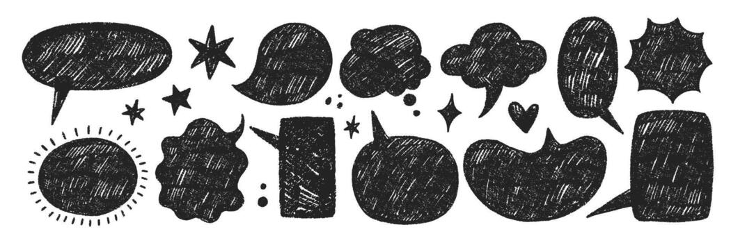 conjunto de texto cajas con orgánico textura de lápiz de color, tiza o pastel . cuadrado, estrella, corazón y nube en retro estilo. negro ilustración en un blanco antecedentes. vector