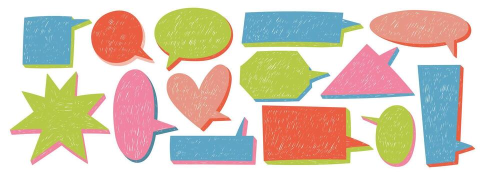 Set of text boxes with organic texture of crayon, chalk or pastel . Stamps with geometric shapes. Color illustration with 3d effect on a white background. vector