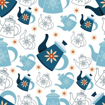 Seamless pattern design with teapots and kettle vector