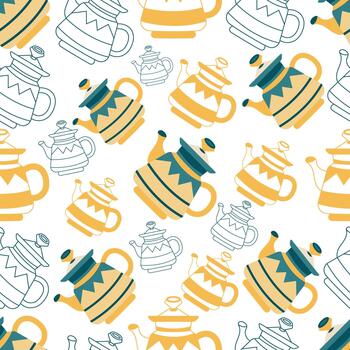 Seamless pattern design with kettle and teapots showing classic brewing elements in clean art vector