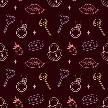 Valentine Seamless Pattern with Hearts, Keys and Lips on Dark Background vector