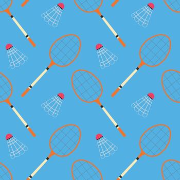 Badminton pattern with bright rackets and shuttlecocks on a blue background. Sport design for prints, kids textiles, wrapping paper and summer activity decor. vector