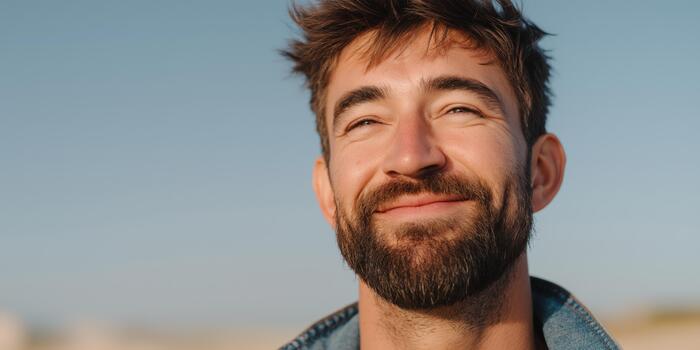 Young man smiling joyfully at the beach during a sunny day, showcasing happiness and relaxation. photo