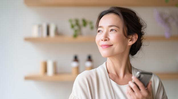 mujer sonriente mientras participación un teléfono inteligente en un brillante y acogedor interior ajuste durante el tarde. foto