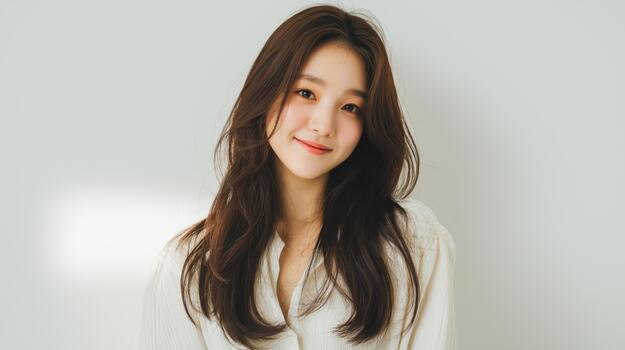 joven mujer sonriente suavemente en un brillante, minimalista interior ajuste durante luz horas. foto