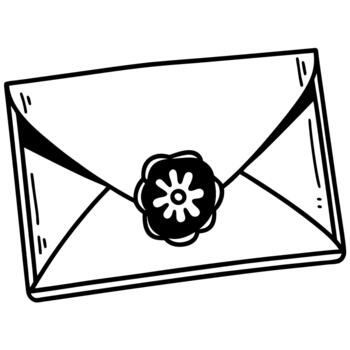 Sealed envelope with decorative wax seal stamp hand drawn outline icon for mail, message, invitation, correspondence and communication vector