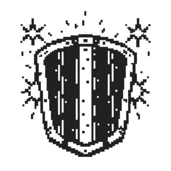 Pixel art fantasy shield icon with sparkling magical protection, retro 8 bit security emblem, vintage game interface element vector