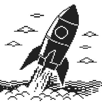 Pixel rocket launch in retro 8 bit style, spacecraft blasting off above clouds with smoke, minimal monochrome space scene vector