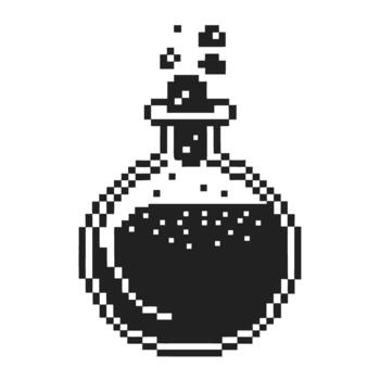 Pixel potion flask with bubbling liquid retro 8 bit alchemy bottle icon, magical elixir symbol for fantasy games and user interface vector