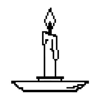 Pixel art single burning candle on plate, minimal monochrome outline icon of simple flame light source and calm night ambiance vector