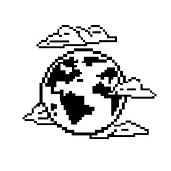 Pixel art earth with drifting clouds, retro 8 bit globe illustration, minimalist black and white planetary icon design vector