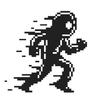 Pixel running astronaut silhouette glitch effect, retro arcade cosmic character sprinting fast in dynamic motion vector