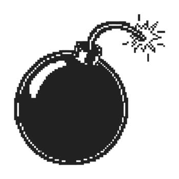 Pixel art lit bomb icon with burning fuse retro explosive symbol, minimal black design on transparent background vector