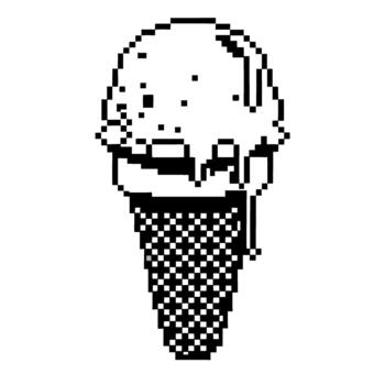 Melting pixel ice cream cone icon retro 8 bit dessert illustration with waffle texture and dripping scoop in black and white vector