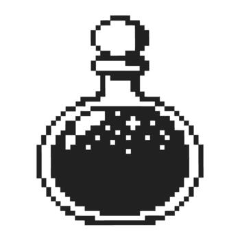 retro pixel art magic potion bottle icon with sparkling liquid, vintage fantasy elixir symbol for games and digital interfaces vector