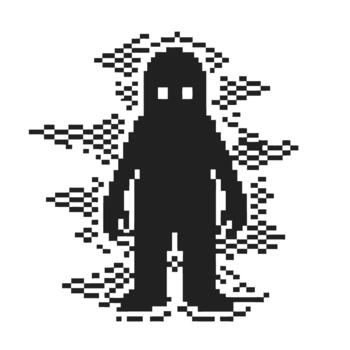Pixelated glitch silhouette figure with digital distortion retro 8 bit character outline surrounded by abstract corrupted noise vector