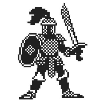 Knight warrior in retro pixel art holding sword and shield, medieval fighter character in black and white 8 bit game design vector