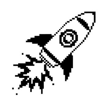 Rocket launch in retro pixel art style, simple black and white spaceship blasting off with fiery exhaust and minimal design vector