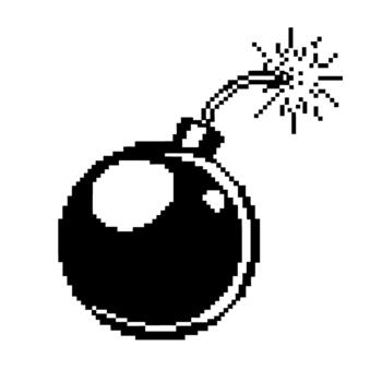 Pixel art round bomb with burning fuse icon, retro 8 bit explosive symbol, black and white minimalist game design element vector