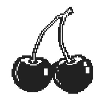 Pixel art cherries icon with two connected fruits on stems, retro black and white minimal design isolated on transparent background vector