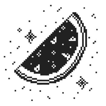 cósmico píxel sandía rebanada en espacio retro negro y blanco Fruta ilustración con flotante estrellas y minimalista punteado antecedentes vector