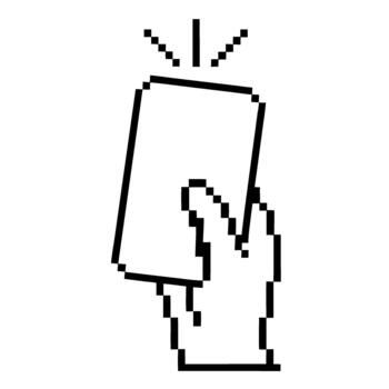 Pixel art hand holding blank card icon minimalist retro cursor outline symbol with notification lines on white background vector