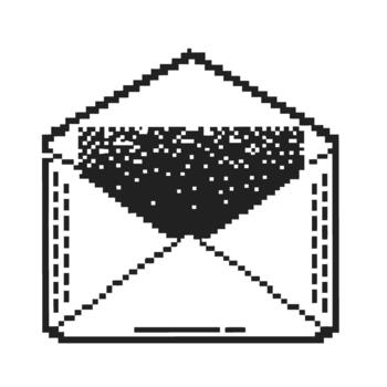 Open envelope with sparkling confetti inside retro pixel art icon symbolizing celebration, festive message, invitation or surprise vector