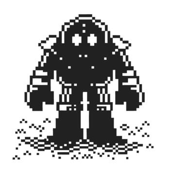 Pixel robot character in retro 8 bit style, standing on ground with shadow vintage arcade game sprite, futuristic mech silhouette vector