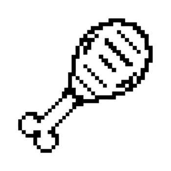 Grilled chicken drumstick icon in pixel art retro 8 bit meat symbol, simple black and white outline for gaming interfaces vector