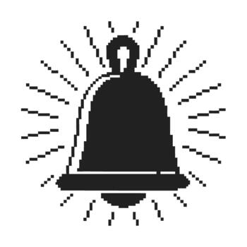 Ringing bell icon in pixel art with radiating lines, minimalist monochrome retro alarm notification symbol vector