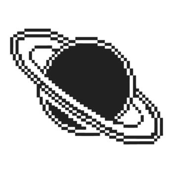 píxel Arte Saturno planeta icono con anillos retro 8 poco negro y blanco espacio símbolo, minimalista astronomía diseño en transparente antecedentes vector