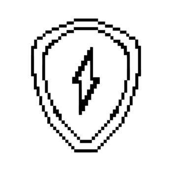 Pixel shield icon with lightning bolt symbol retro 8 bit electric power emblem, simple black outline on transparent background vector