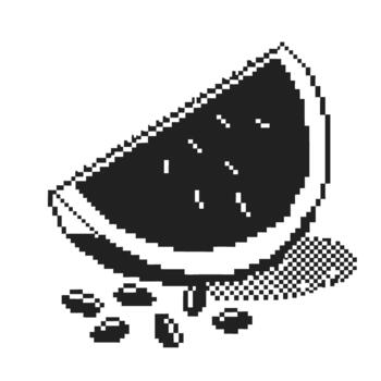 Watermelon slice in minimalist pixel art with seeds and halftone shading on clean white background vector
