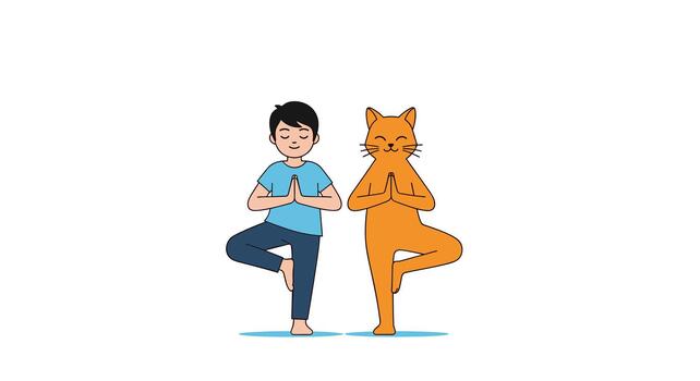A young man and a large ginger cat are practicing yoga together in the tree pose with hands in a prayer position. vector
