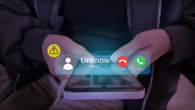 Mobile Call Alert from Unknown Number with Warning Icon photo