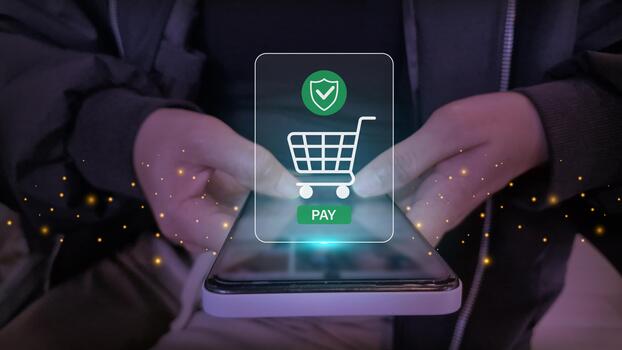 Secure Mobile Payment Interface with Shopping Cart and Shield Icons photo