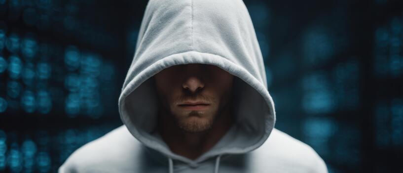 un hacker en un blanco capucha soportes en un brillante antecedentes en ciberespacio, estafador foto