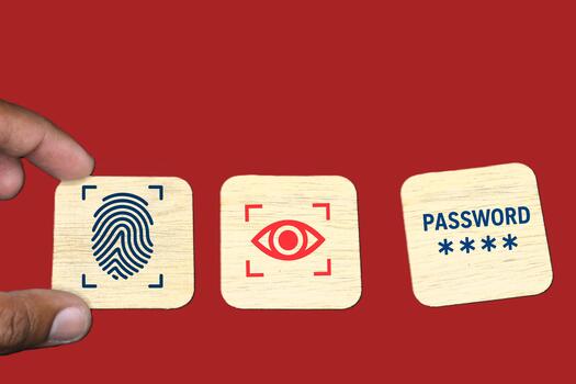 Tiles with fingerprint, eye, and password icons on red perfect for visuals on digital security and identity protection. photo