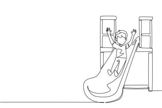 Single continuous line drawing boy playing on the slide while raising both hands. The right way to keep children away from gadgets. Play. International Day of Boys. One line illustration vector