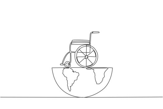 Continuous one line drawing wheelchair which has half a globe underneath. The world supports equality. Convenience. Global Accessibility Awareness Day. Single line draw design vector