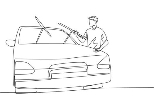 Single continuous line drawing a man holds a car wiper with both hands. Checking everything important to keep it working. Service. National Check Your Wipers Day. One line illustration vector