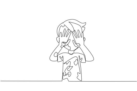 Single one line drawing boy wearing a tshirt full of colorful paint scribbles while covering eyes with hands. Dirty. Messy. Expressive. Happy. Drawing Day. Continuous line design illustration vector
