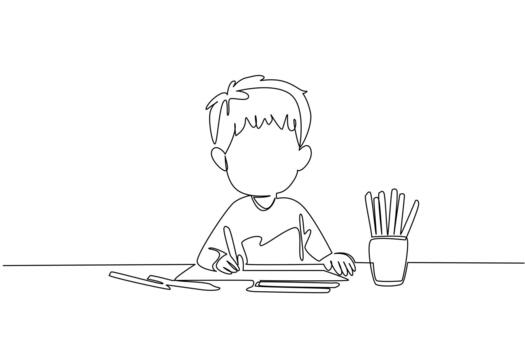 Continuous one line drawing a boy drawing with colored pencils and colorful pencil case. The first subject is coloring. Train the imagination. Drawing Day. Single line draw illustration vector