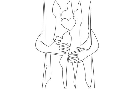 Single one line drawing hands hugging a tree trunk and on the tree trunk there is a picture of love. Keeping it green. Natural. National Love a Tree Day. Continuous line design illustration vector